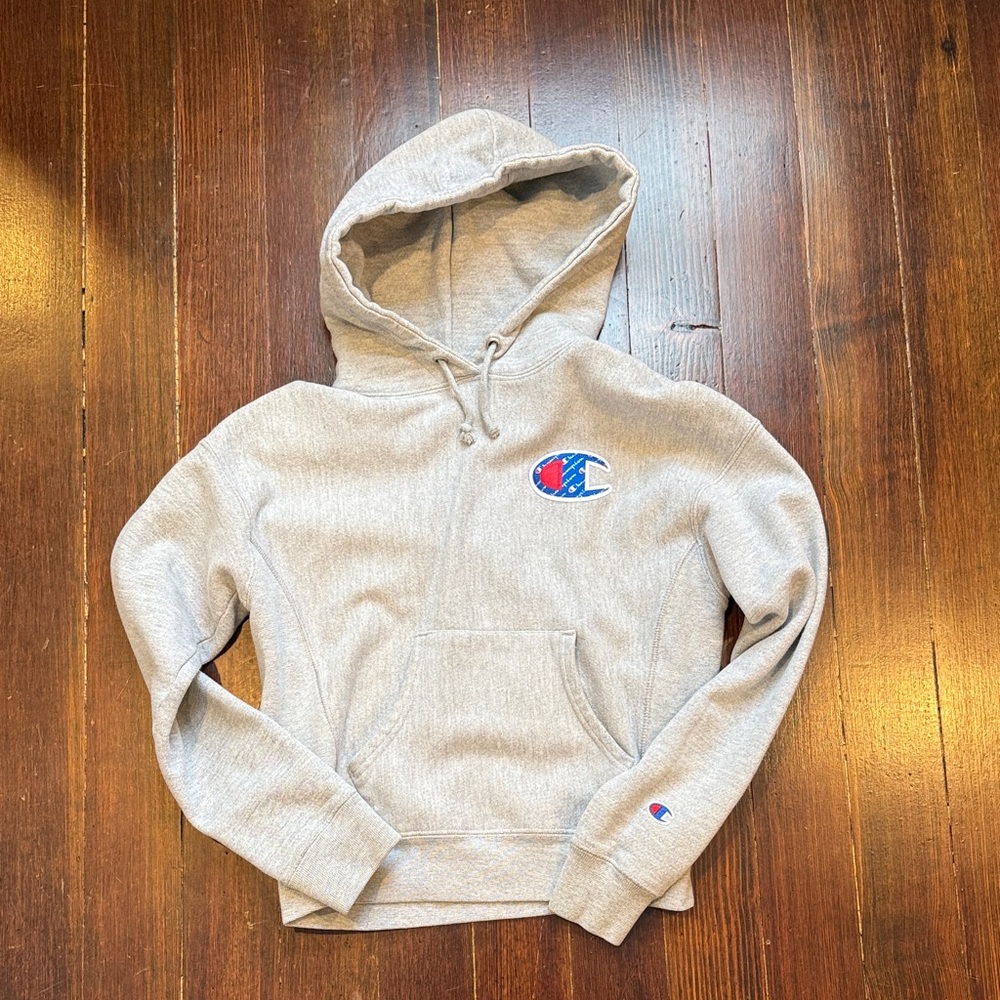 Champion Light Gray Hoodie with Logo Patch